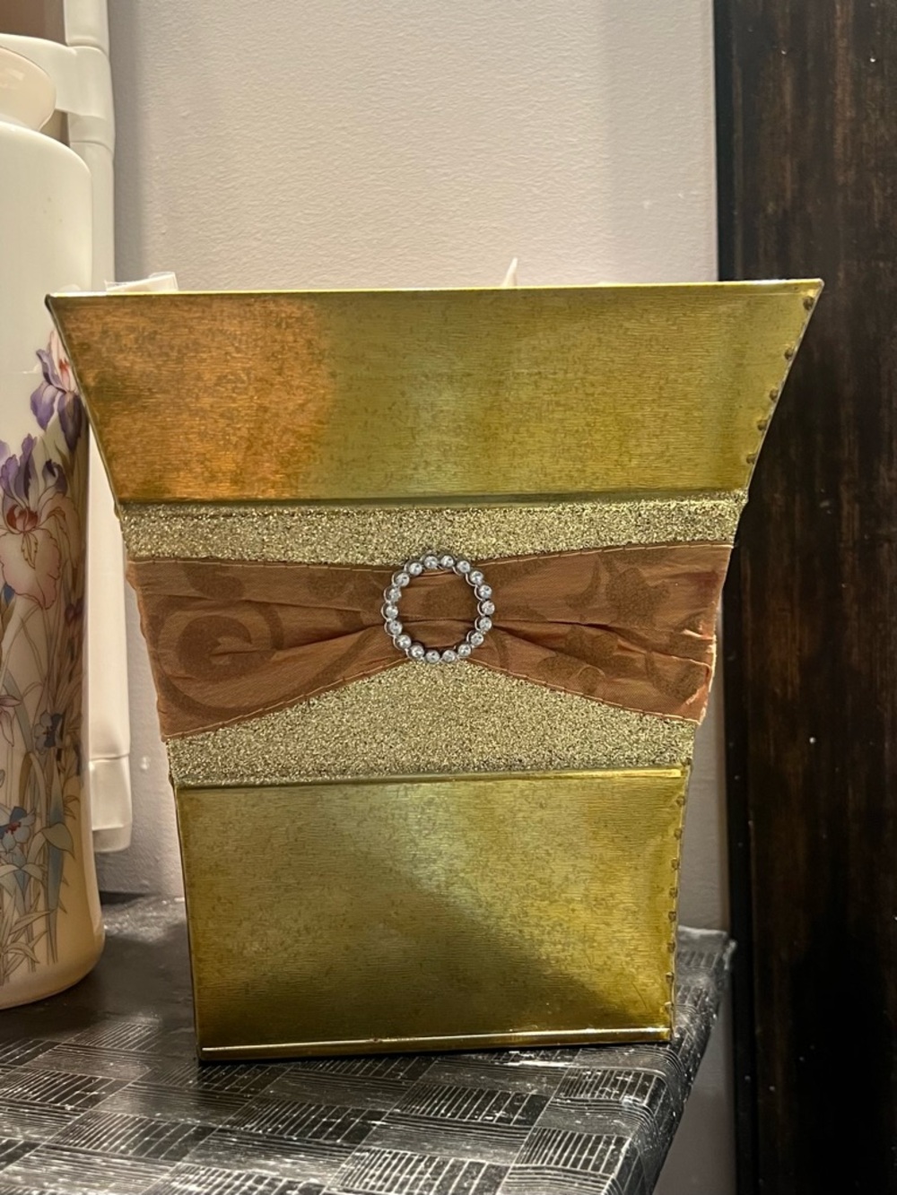 Gold Decorative Tapered Vase with Brown Ribbon Accent